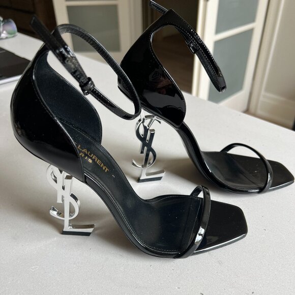 Yves Saint Laurent YSL Patent Leather Logo Heel Sandals - Picture 1 of 4